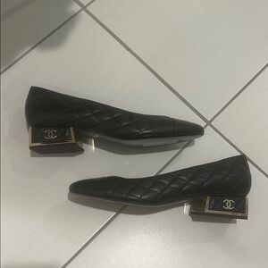 Chanel Black Quilted Flats with Logo